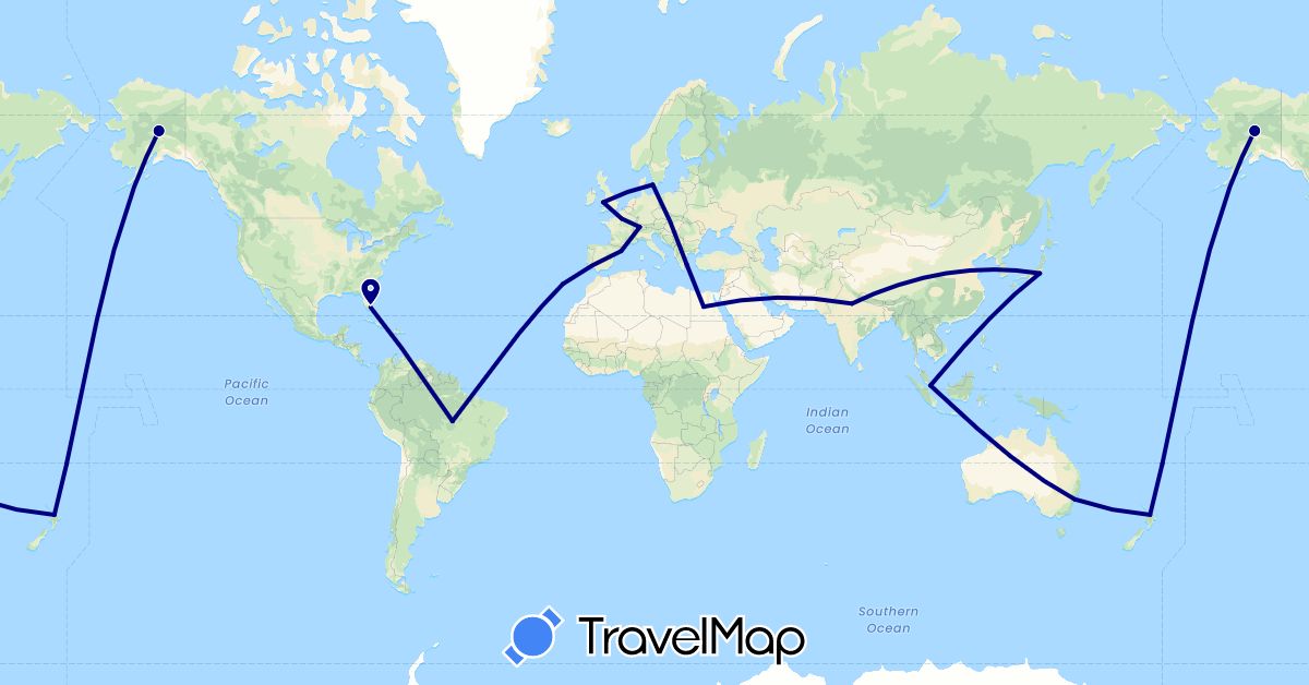 TravelMap itinerary: driving in Australia, Brazil, Switzerland, Denmark, Egypt, Spain, France, United Kingdom, Greece, India, Japan, New Zealand, Portugal, Singapore, United States (Africa, Asia, Europe, North America, Oceania, South America)