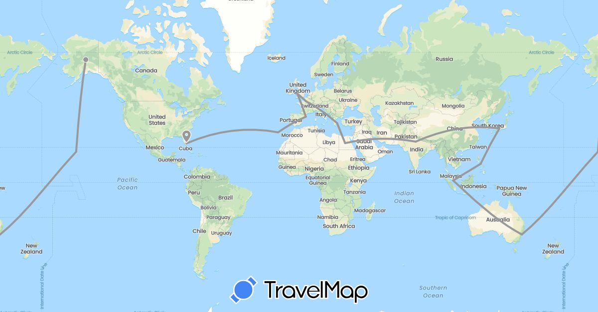 TravelMap itinerary: driving, plane in Australia, Switzerland, Egypt, Spain, France, United Kingdom, Greece, India, Japan, Philippines, Portugal, Singapore, United States (Africa, Asia, Europe, North America, Oceania)